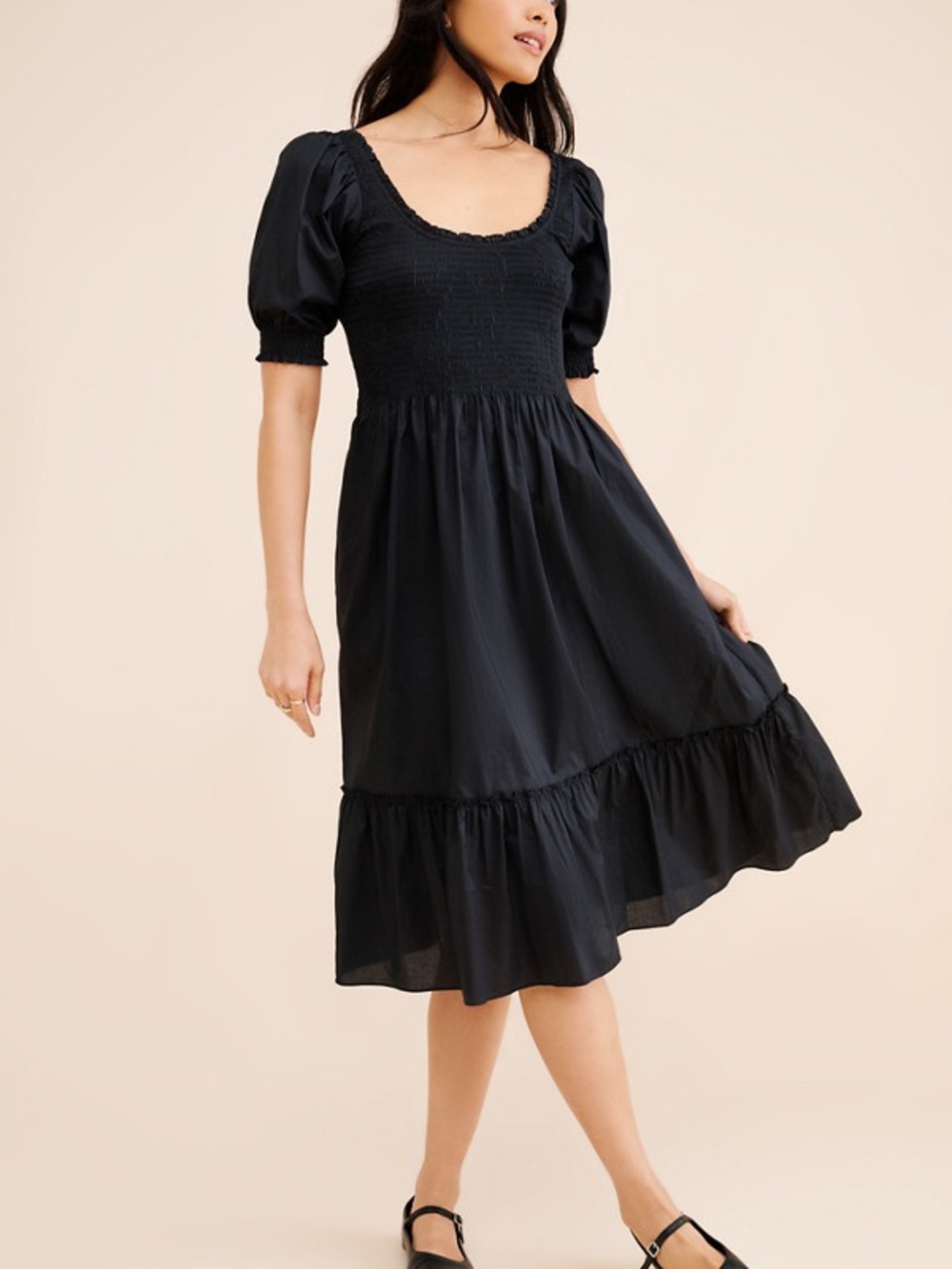 Hill House Home The Nap Dress Black Smocked Puff Sleeve Midi Dress Size S